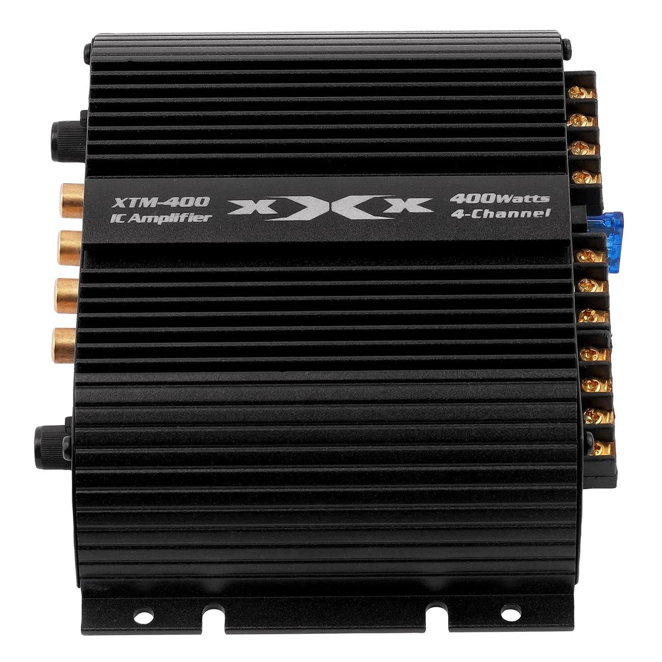 Black IC amplifier showing brand label, heat-sink fins, and right-side power terminal ports