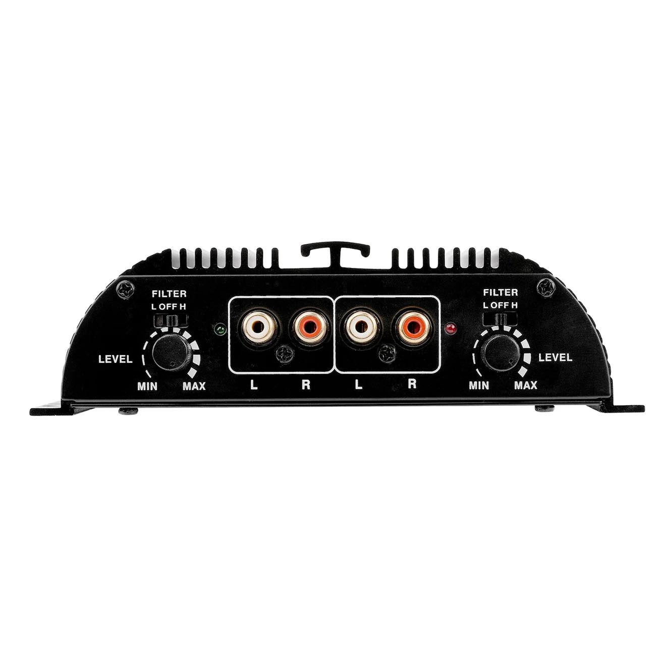 Black amplifier front panel with RCA jacks, filter L/R switches, and level min–max knobs