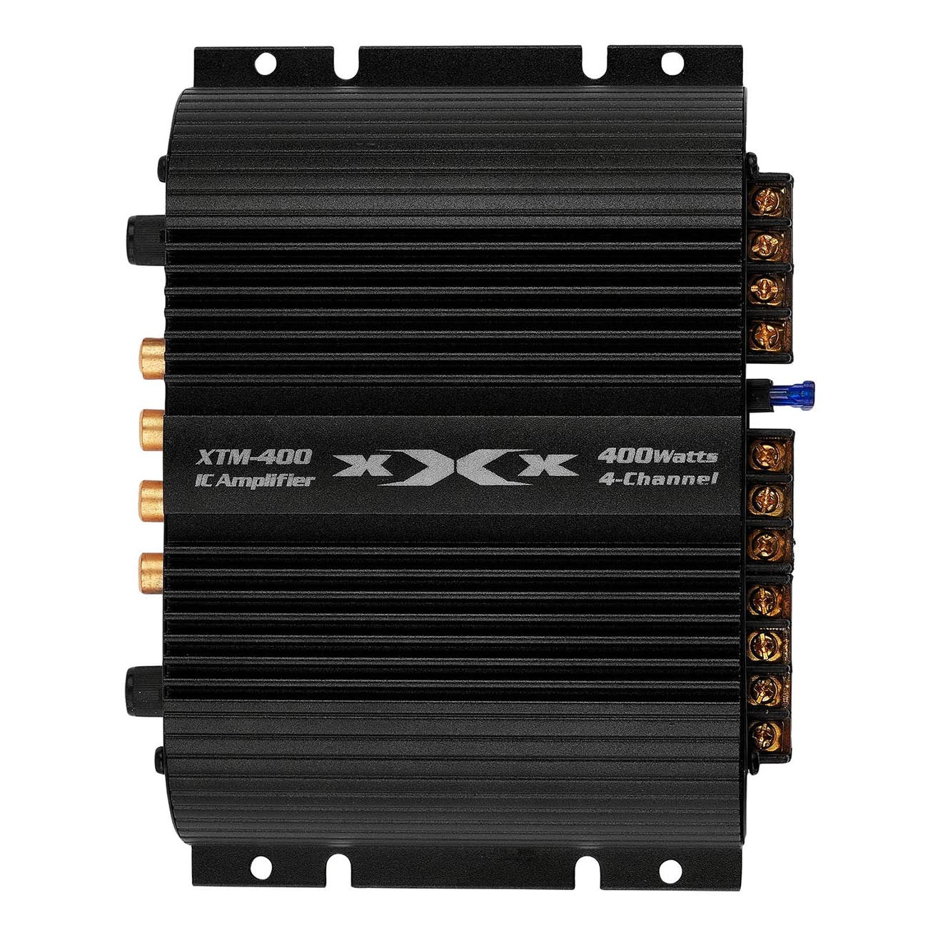 Black XTM-400 IC amplifier with front ports and right-side speaker terminal connections