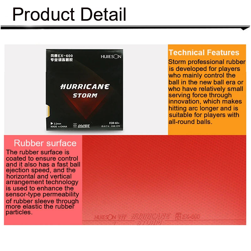 Table Tennis Racket Rubber Hurricane Storm EX-600 Pimples In Flexible Medium Hardness 42 2.2mm Sponge Fast Attack For 40+ Balls