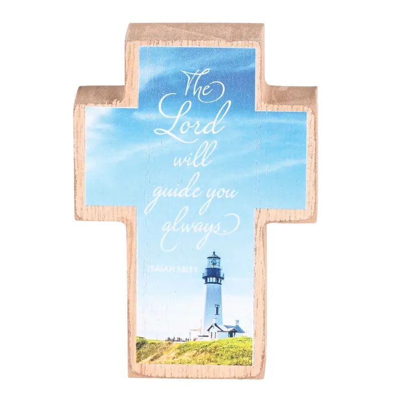 Wooden cross decor featuring blue sky, lighthouse imagery, and inspirational text in white script. Perfect for home decoration.