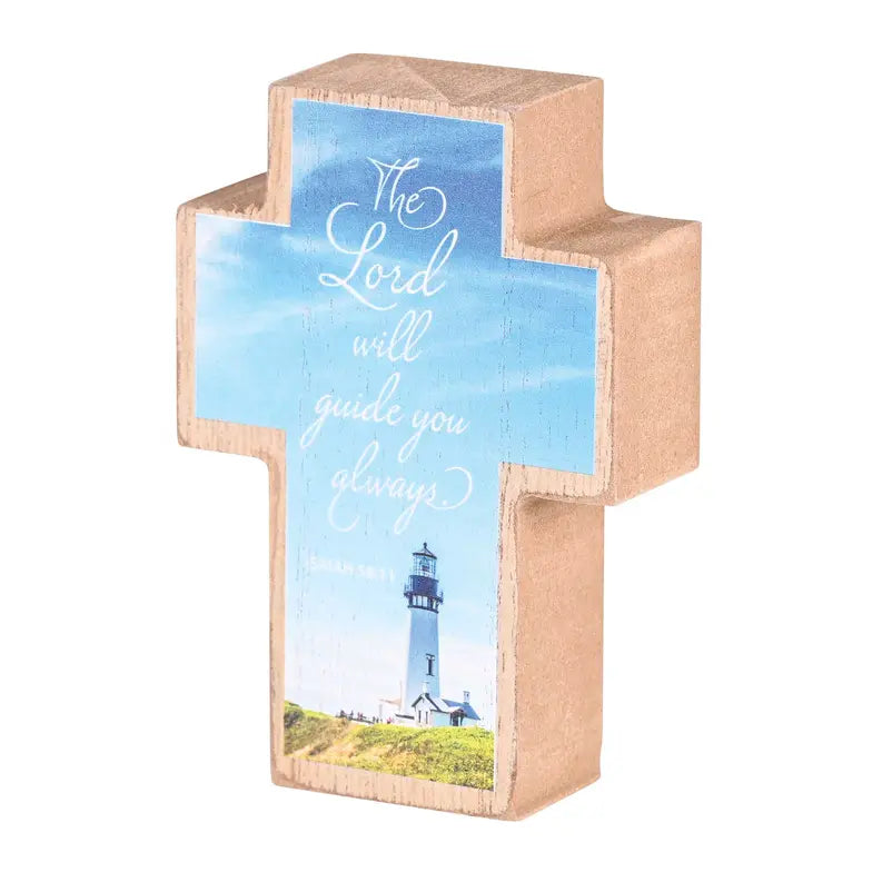 Brown wooden cross decor featuring a lighthouse image and the quote "The Lord will guide you always."