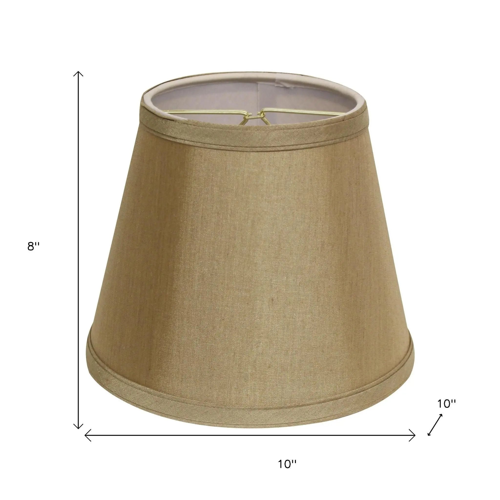 Tan linen lamp shade, 10" wide and 8" tall, with a stylish tapered design for a warm, contemporary look.