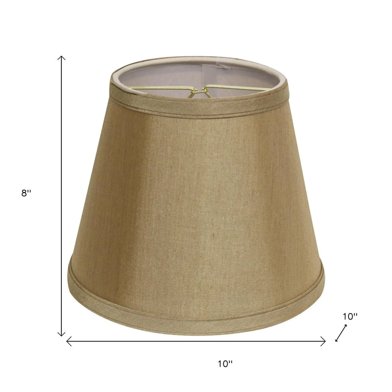 Tan linen lamp shade, 10" wide and 8" tall, with a stylish tapered design for a warm, contemporary look.