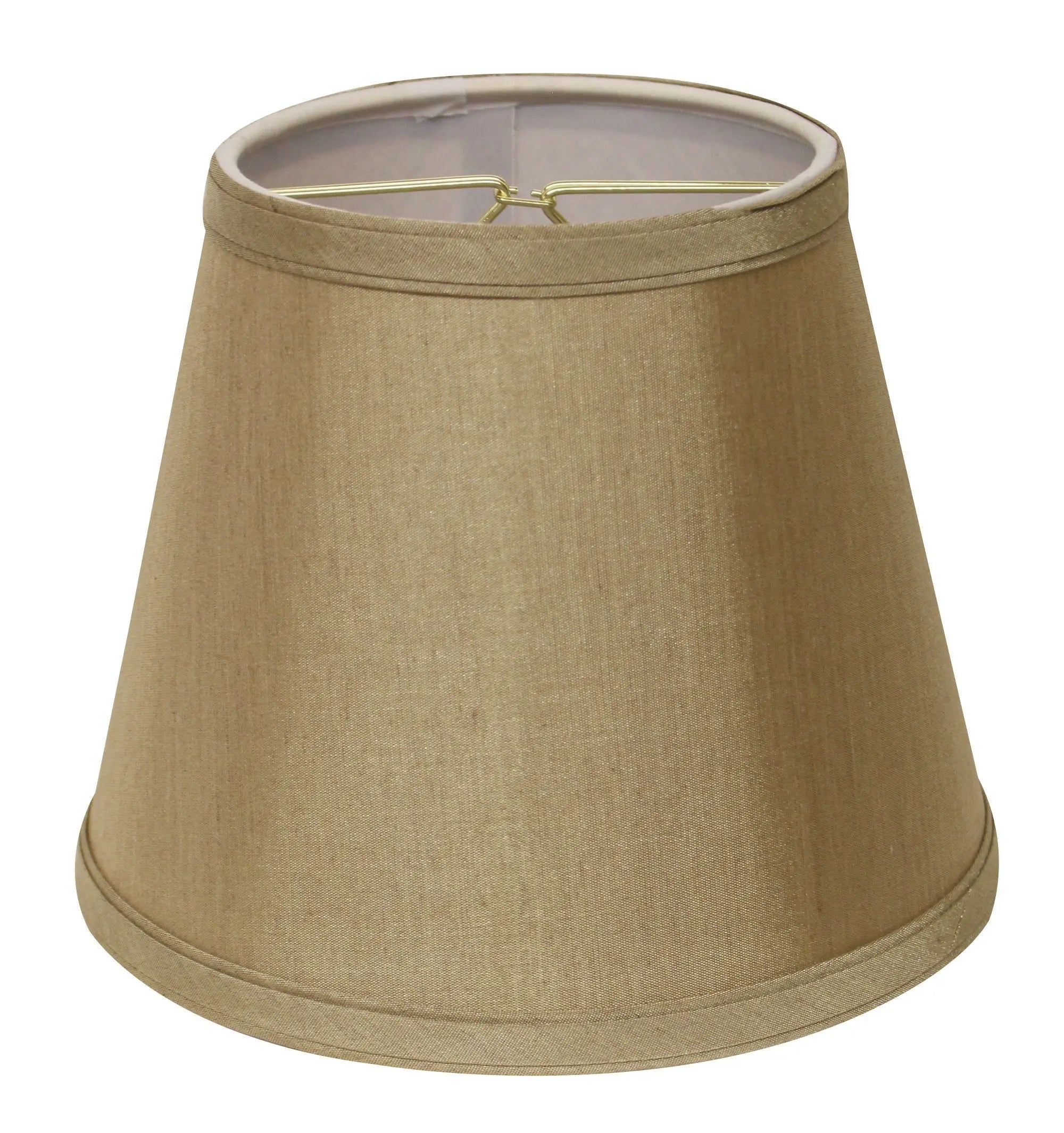 Beige linen lamp shade with a classic tapered design and gold trim, ideal for enhancing home decor.