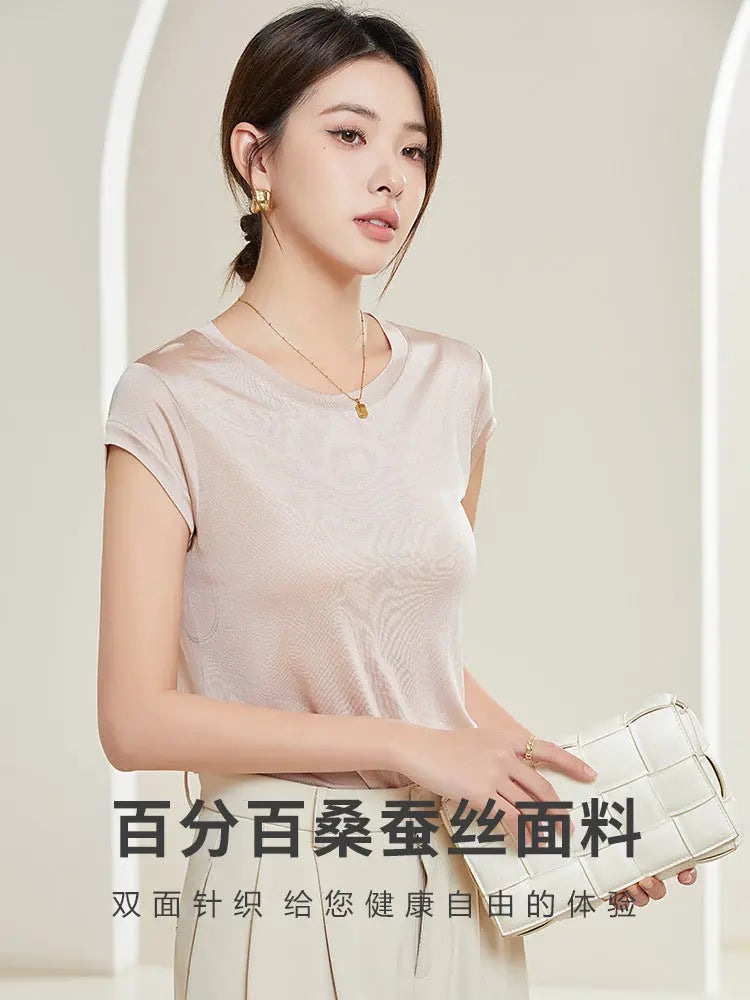 Tangge Spring and Summer Silk One-Sleeve Base Shirt Women's Home Clothes Mulberry Silk Crewneck Short-Sleeved T-Shirt Underarm Sweat-Absorbing Layer GreatEagleInc