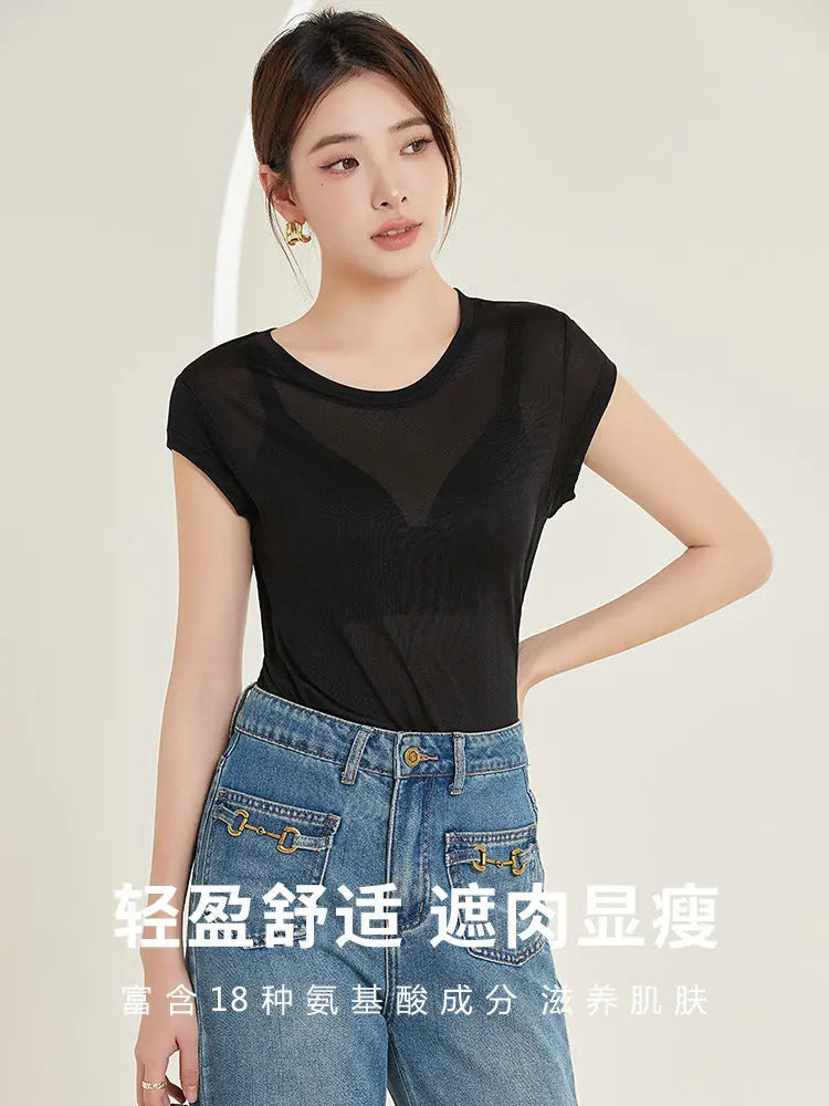 Tangge Spring and Summer Silk One-Sleeve Base Shirt Women's Home Clothes Mulberry Silk Crewneck Short-Sleeved T-Shirt Underarm Sweat-Absorbing Layer GreatEagleInc