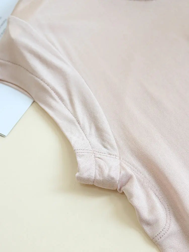 Tangge Spring and Summer Silk One-Sleeve Base Shirt Women's Home Clothes Mulberry Silk Crewneck Short-Sleeved T-Shirt Underarm Sweat-Absorbing Layer GreatEagleInc