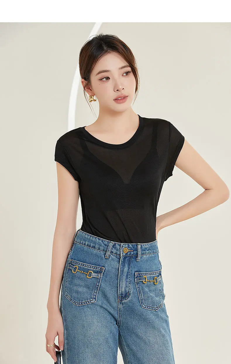 Tangge Spring and Summer Silk One-Sleeve Base Shirt Women's Home Clothes Mulberry Silk Crewneck Short-Sleeved T-Shirt Underarm Sweat-Absorbing Layer GreatEagleInc