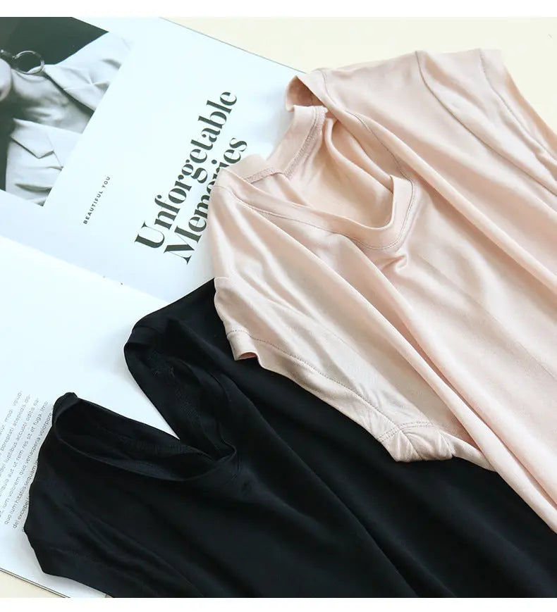 Tangge Spring and Summer Silk One-Sleeve Base Shirt Women's Home Clothes Mulberry Silk Crewneck Short-Sleeved T-Shirt Underarm Sweat-Absorbing Layer GreatEagleInc