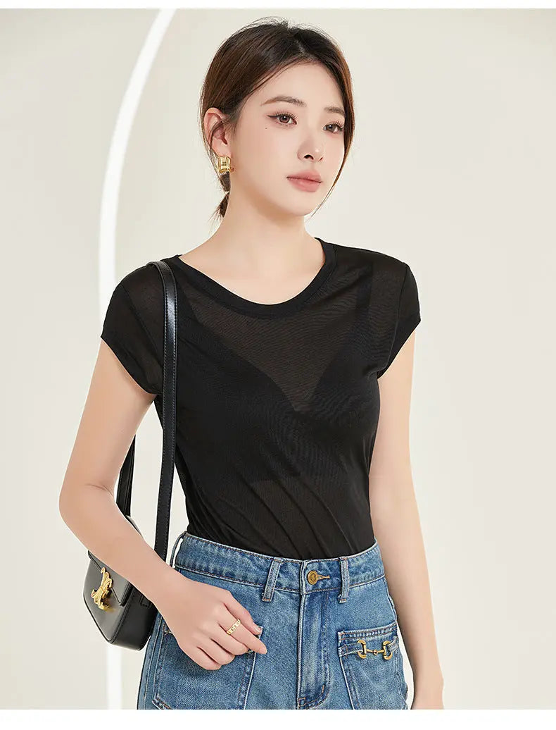 Tangge Spring and Summer Silk One-Sleeve Base Shirt Women's Home Clothes Mulberry Silk Crewneck Short-Sleeved T-Shirt Underarm Sweat-Absorbing Layer GreatEagleInc