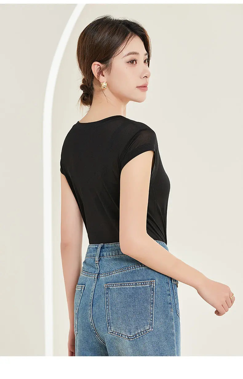 Tangge Spring and Summer Silk One-Sleeve Base Shirt Women's Home Clothes Mulberry Silk Crewneck Short-Sleeved T-Shirt Underarm Sweat-Absorbing Layer GreatEagleInc