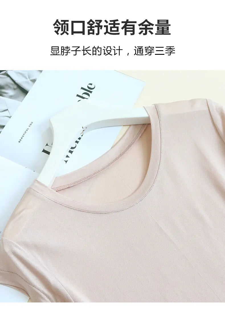 Tangge Spring and Summer Silk One-Sleeve Base Shirt Women's Home Clothes Mulberry Silk Crewneck Short-Sleeved T-Shirt Underarm Sweat-Absorbing Layer GreatEagleInc