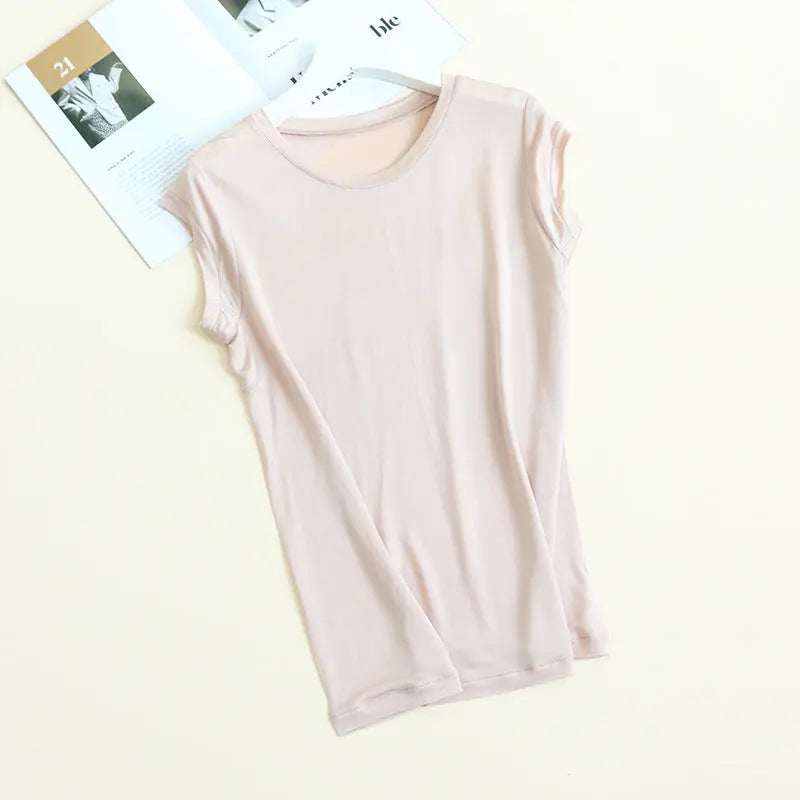 Tangge Spring and Summer Silk One-Sleeve Base Shirt Women's Home Clothes Mulberry Silk Crewneck Short-Sleeved T-Shirt Underarm Sweat-Absorbing Layer GreatEagleInc