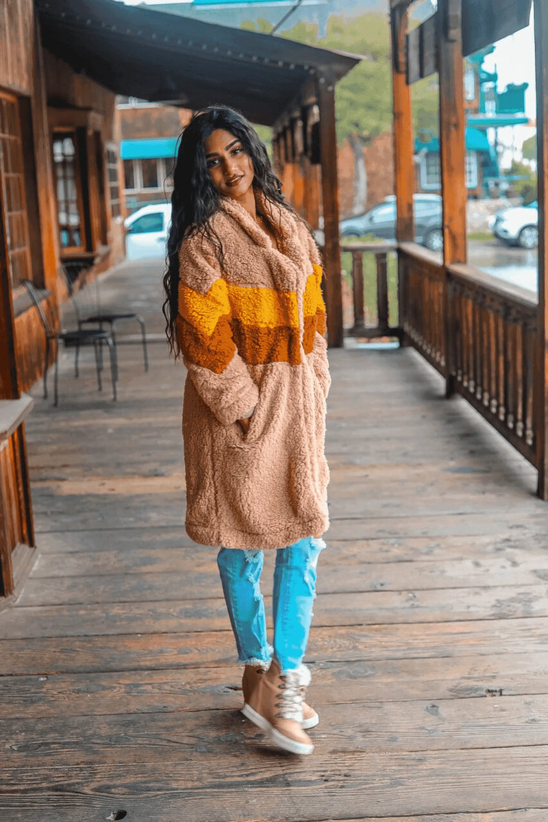 Teddy Bear Long Faux Fur Sherpa Jacket Camel SurelyMine