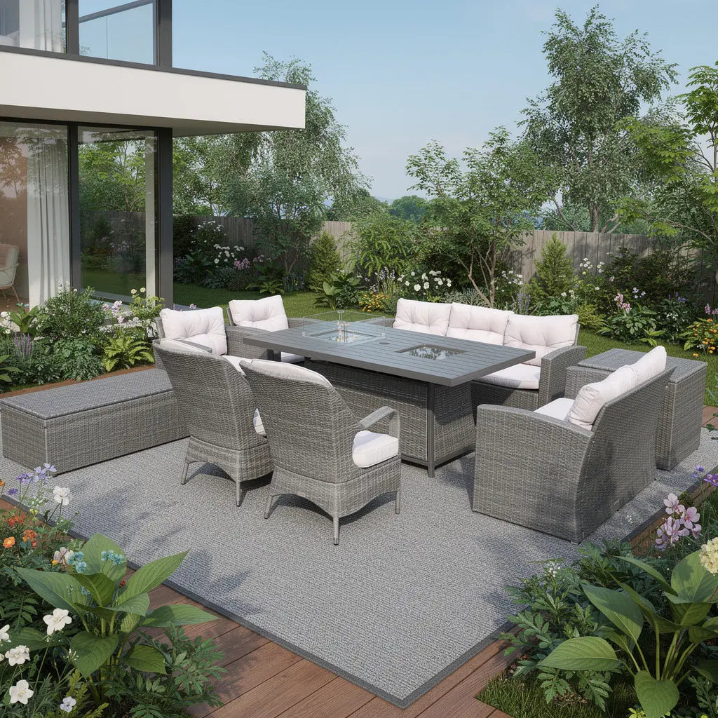 Ten Piece Gray Wicker Multiple Chairs Seating Group With Fire Pit And Table Homeroots Outdoor