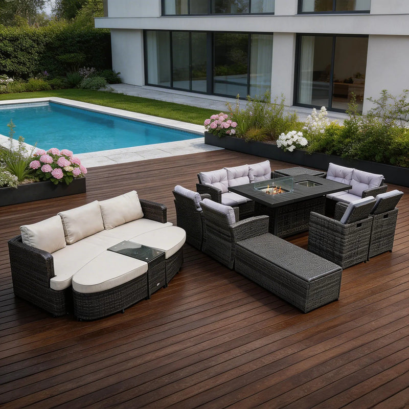 Ten Piece Gray Wicker Multiple Chairs Seating Group With Fire Pit And Table Homeroots Outdoor