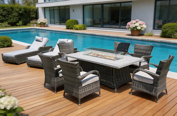 Ten Piece Gray Wicker Multiple Chairs Seating Group With Fire Pit And Table Homeroots Outdoor