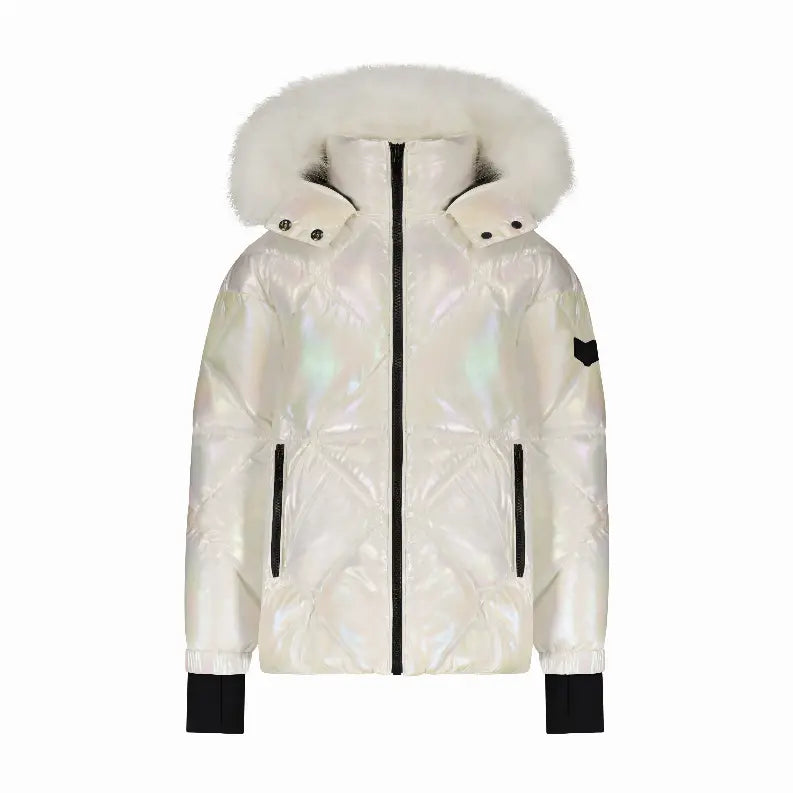 Iridescent white puffer jacket with faux fur hood, zipper pockets, and elastic cuffs for a stylish winter look.