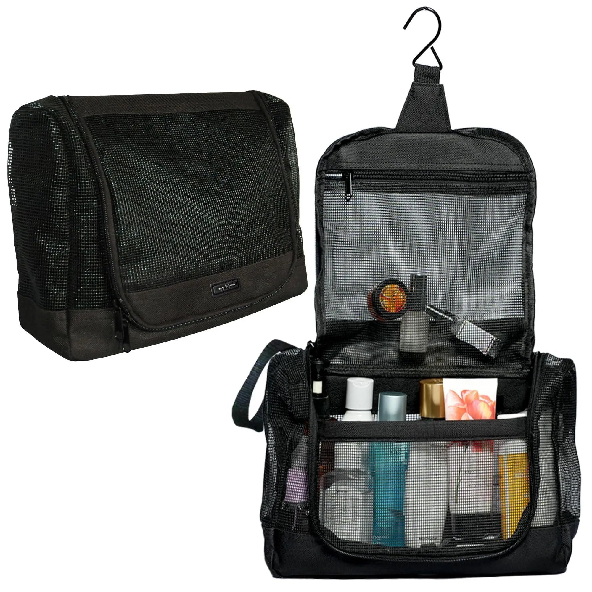 The Fine Living Co. Portable Hanging Shower Caddy Organizer Bag Quick Dry Mesh Shower Caddy Tote Bag Pouch with Metal Hook for Bathroom College Dorm Camp Gym Camping Toiletry Bath (12”x3”x8”) The Fine Living Company