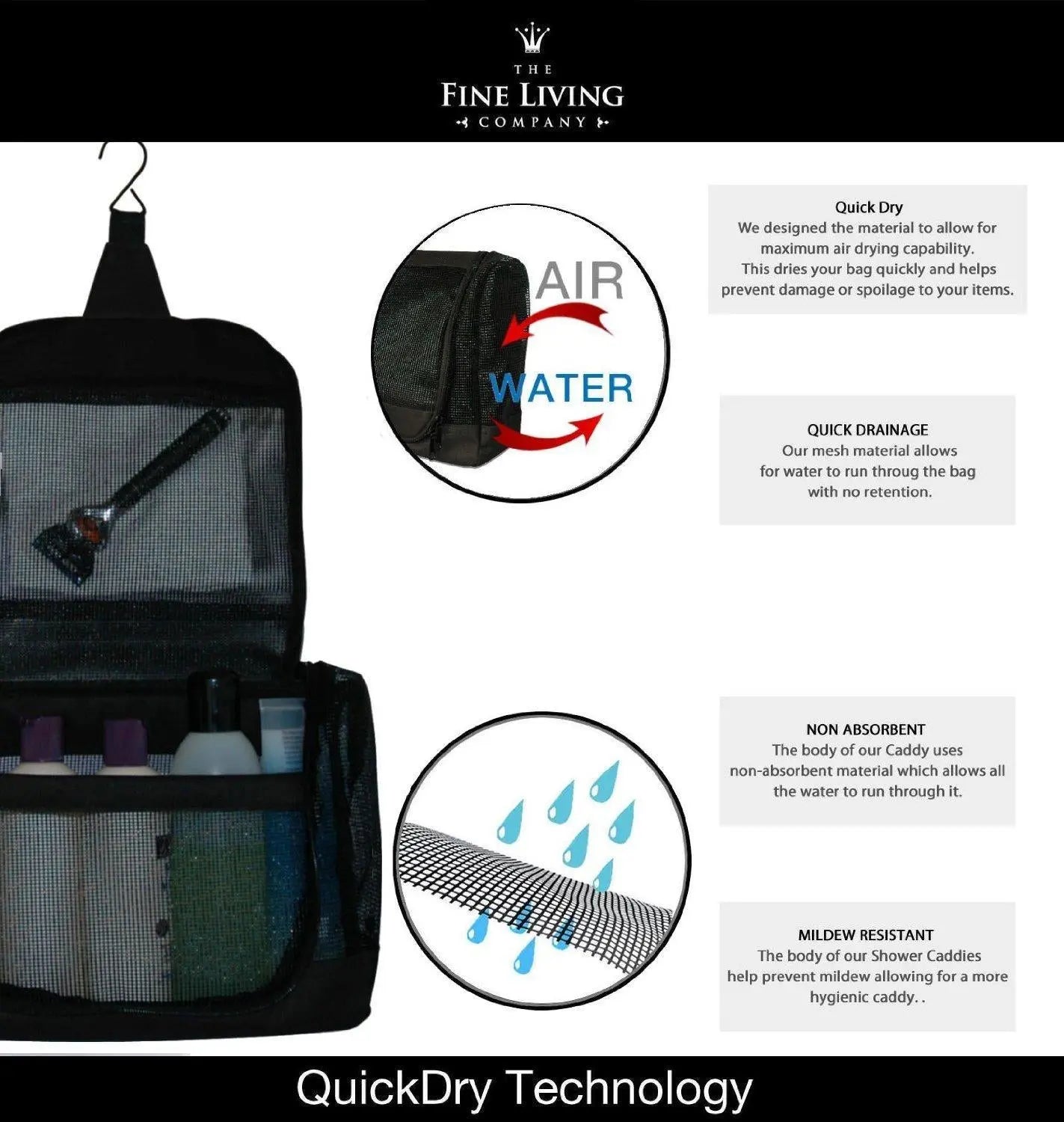 The Fine Living Co. Portable Hanging Shower Caddy Organizer Bag Quick Dry Mesh Shower Caddy Tote Bag Pouch with Metal Hook for Bathroom College Dorm Camp Gym Camping Toiletry Bath (12”x3”x8”) The Fine Living Company