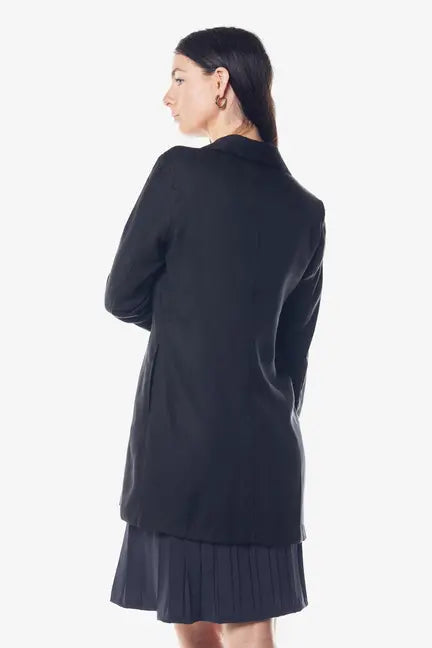 Black tailored long blazer with a smooth finish, perfect for layering over dresses or casual outfits.