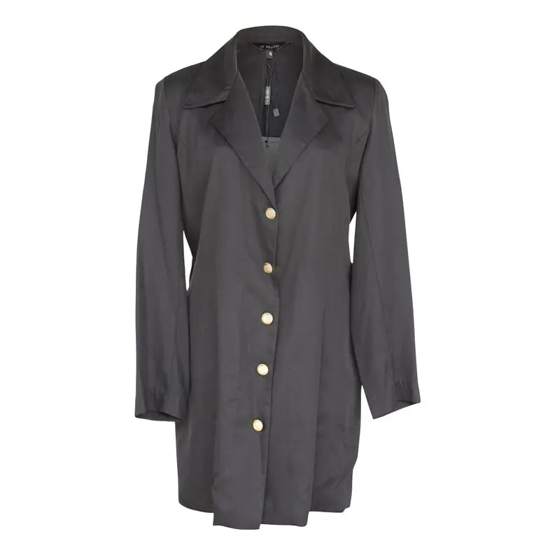 Black satin long blazer with gold buttons, stylish tailored fit, perfect for casual or formal occasions.