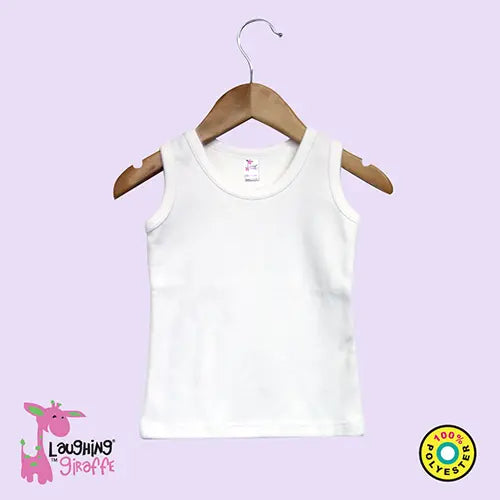 White polyester kids' tank top on a wooden hanger against a lavender background, by Laughing Giraffe.