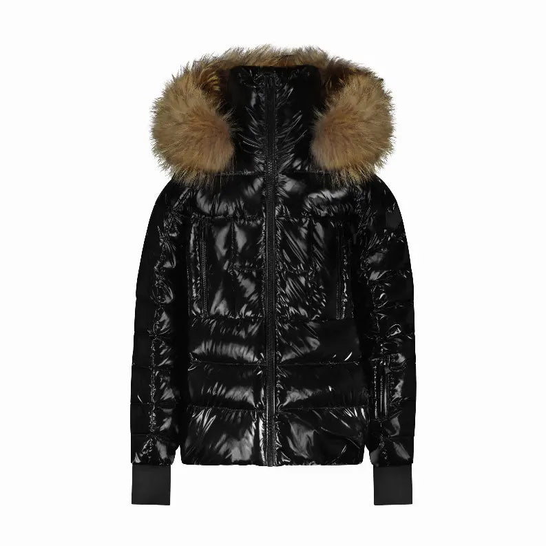 Black glossy puffer jacket with faux fur hood, featuring zip closure and ribbed cuffs for a stylish winter look.