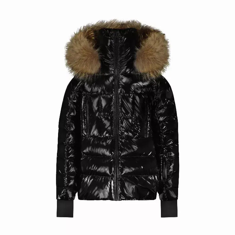 Black glossy puffer jacket with a fur-trimmed hood, featuring ribbed cuffs and a fitted silhouette.