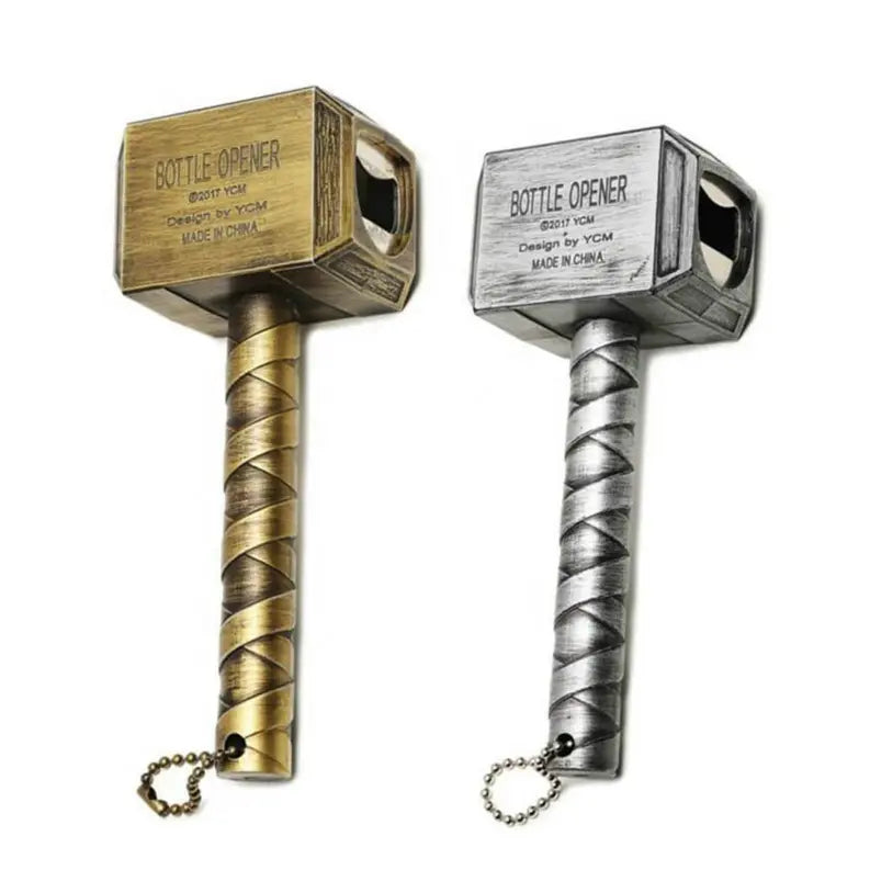 Gold and silver hammer-shaped bottle openers with a twist design and keychain attachment. Ideal for Marvel fans.
