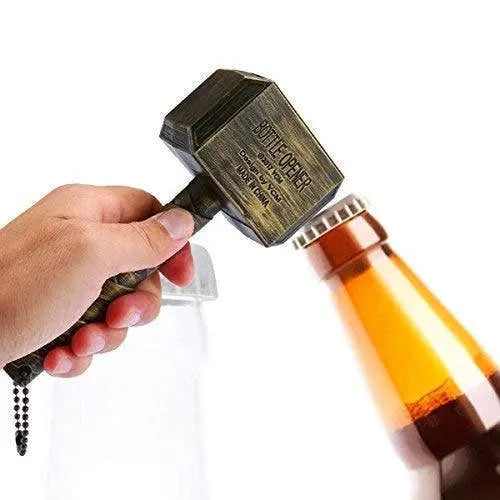 Wooden-style bottle opener shaped like a hammer, perfect for parties, featuring rustic brown and gold accents.