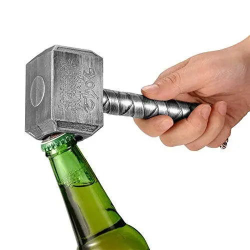 Metallic gray Thor hammer bottle opener with detailed engravings, perfect for fans and collectors.