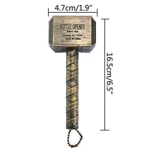 Bronze-colored bottle opener in the shape of a hammer, designed with a twisted handle and keychain attachment.