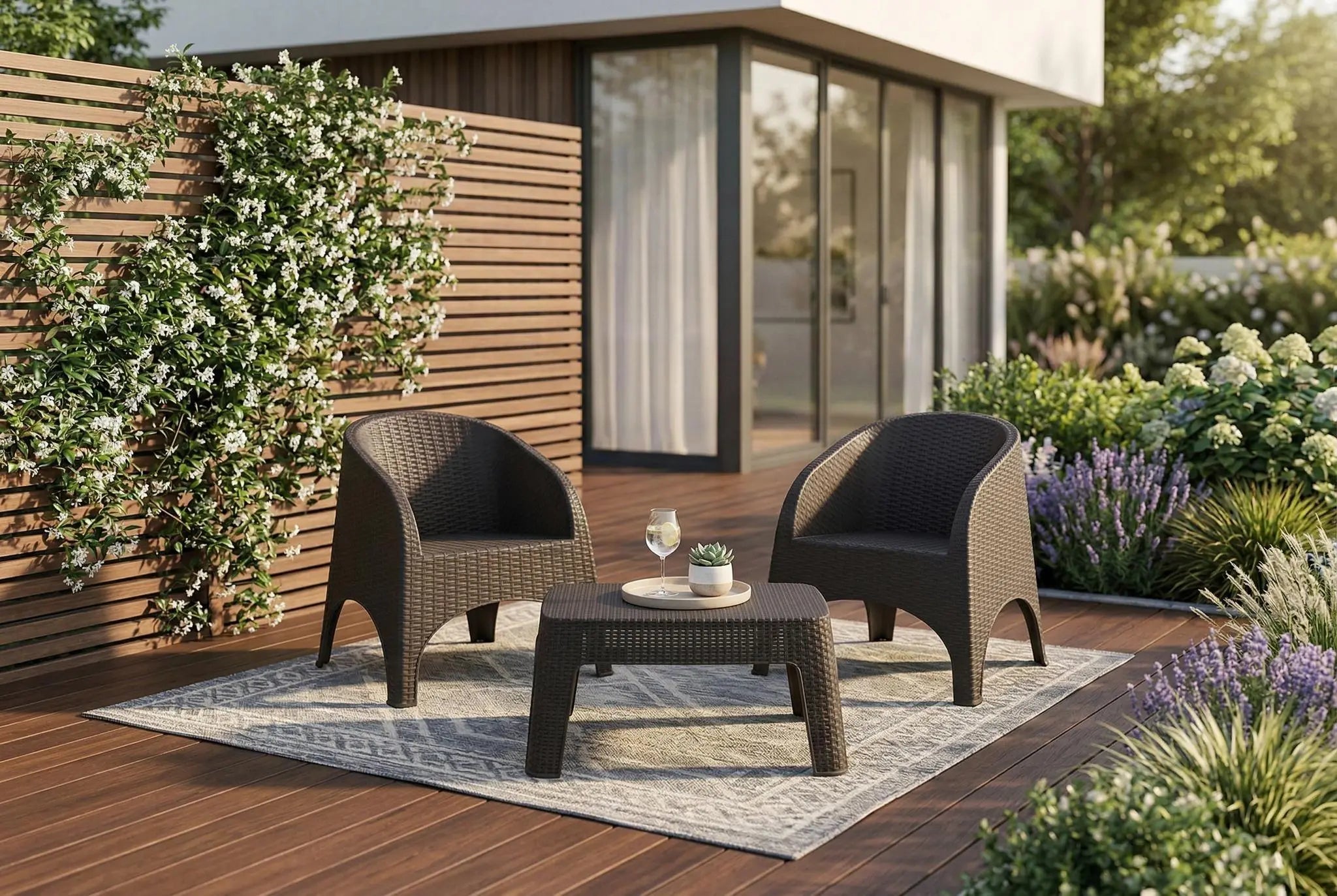 Three Piece Espresso Plastic Two Person Seating Group With Table Homeroots Outdoor