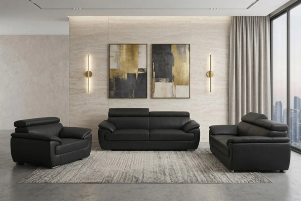 Three Piece Indoor Black Genuine Leather Six Person Seating Set Homeroots Living Room