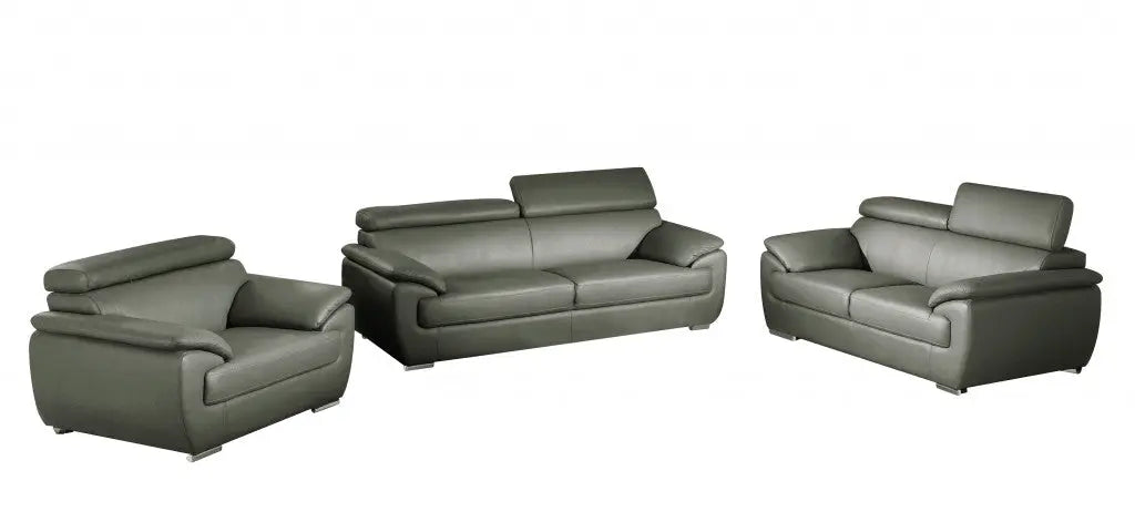 Three Piece Indoor Gray Genuine Leather Six Person Seating Set Homeroots Living Room