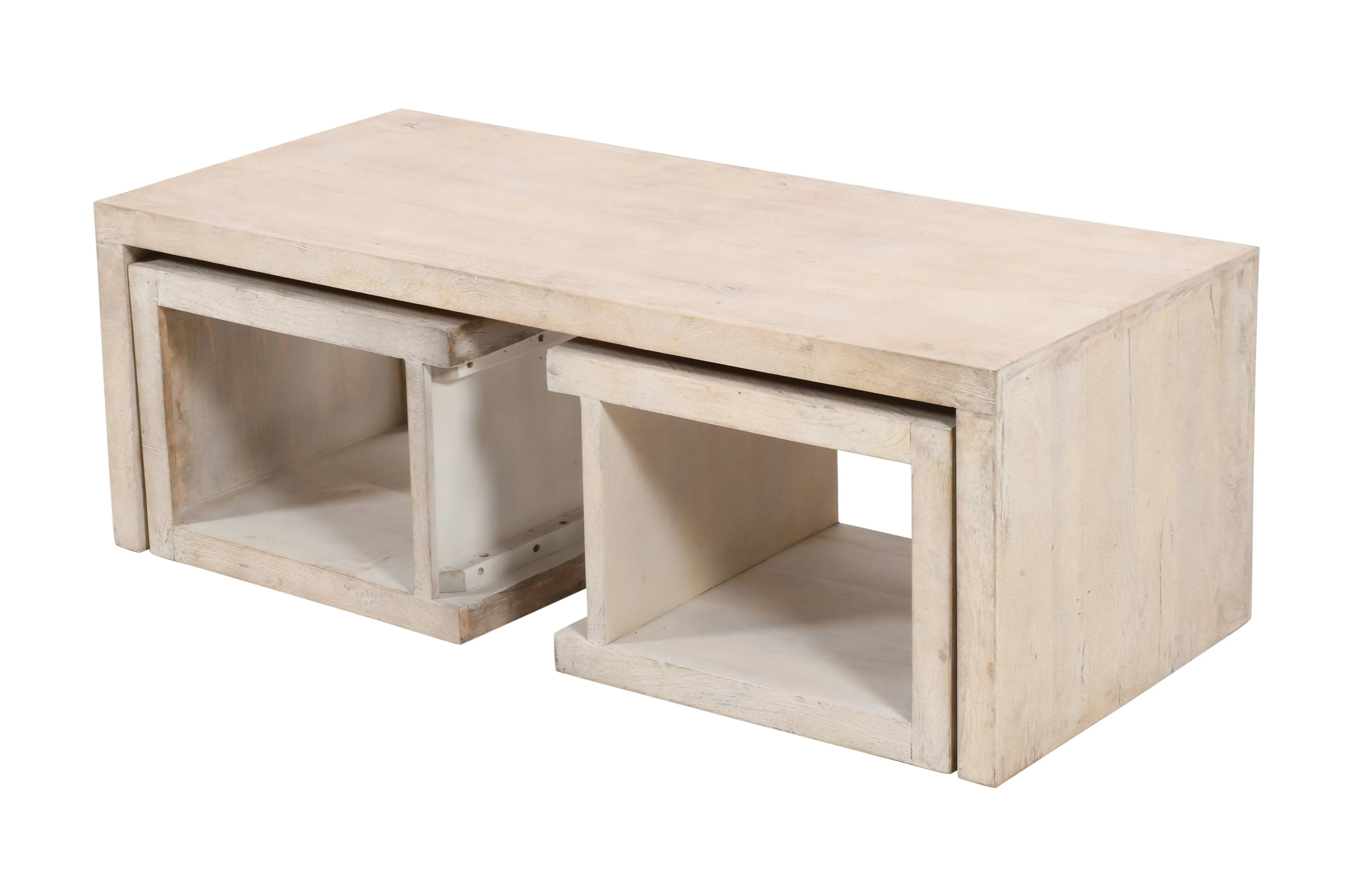 Three Piece Natural Solid Wood Distressed Sled Coffee And End Tables Set Homeroots Living Room