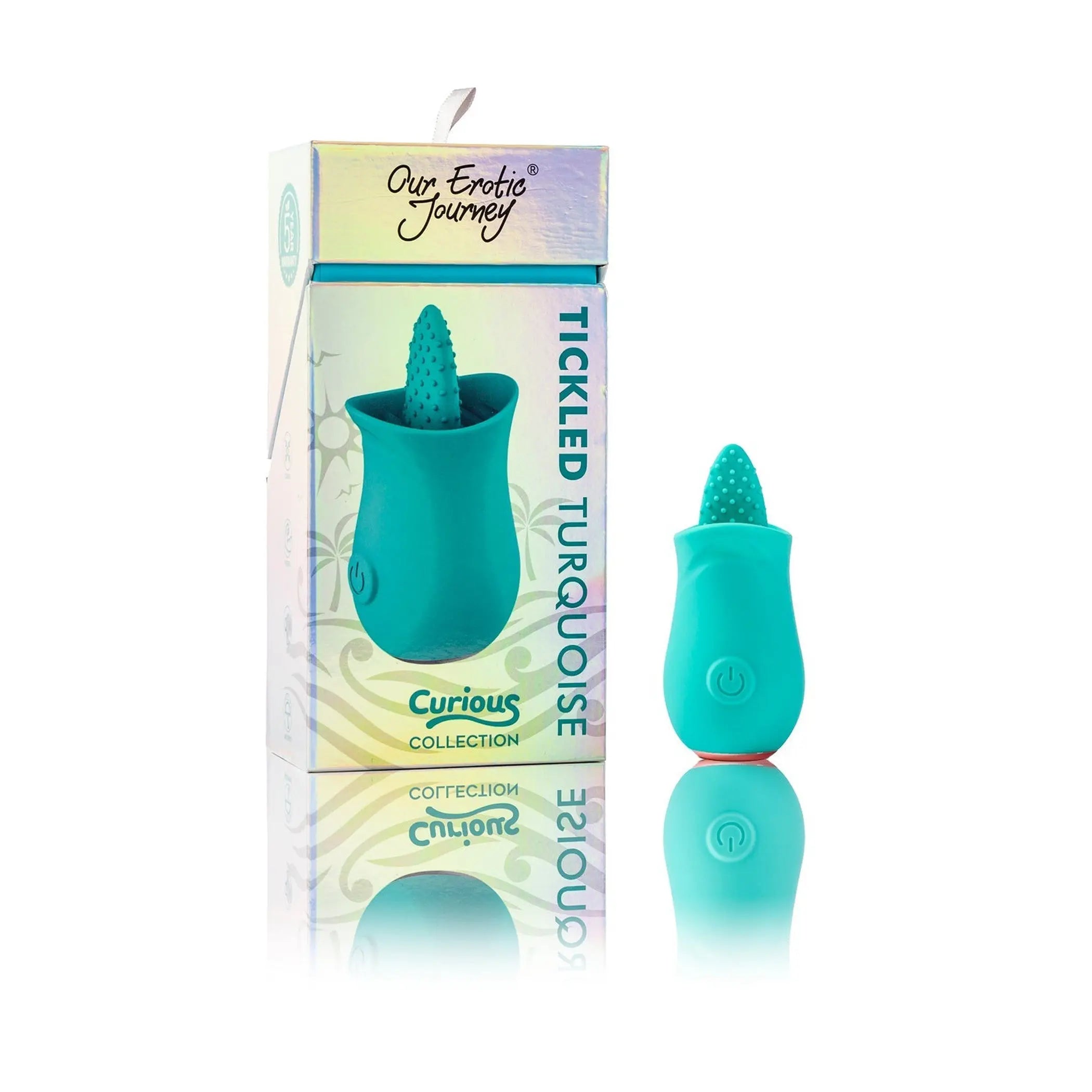 Tickled Turquoise silicone vibrator with textured design, part of the Curious Collection, in stylish packaging.