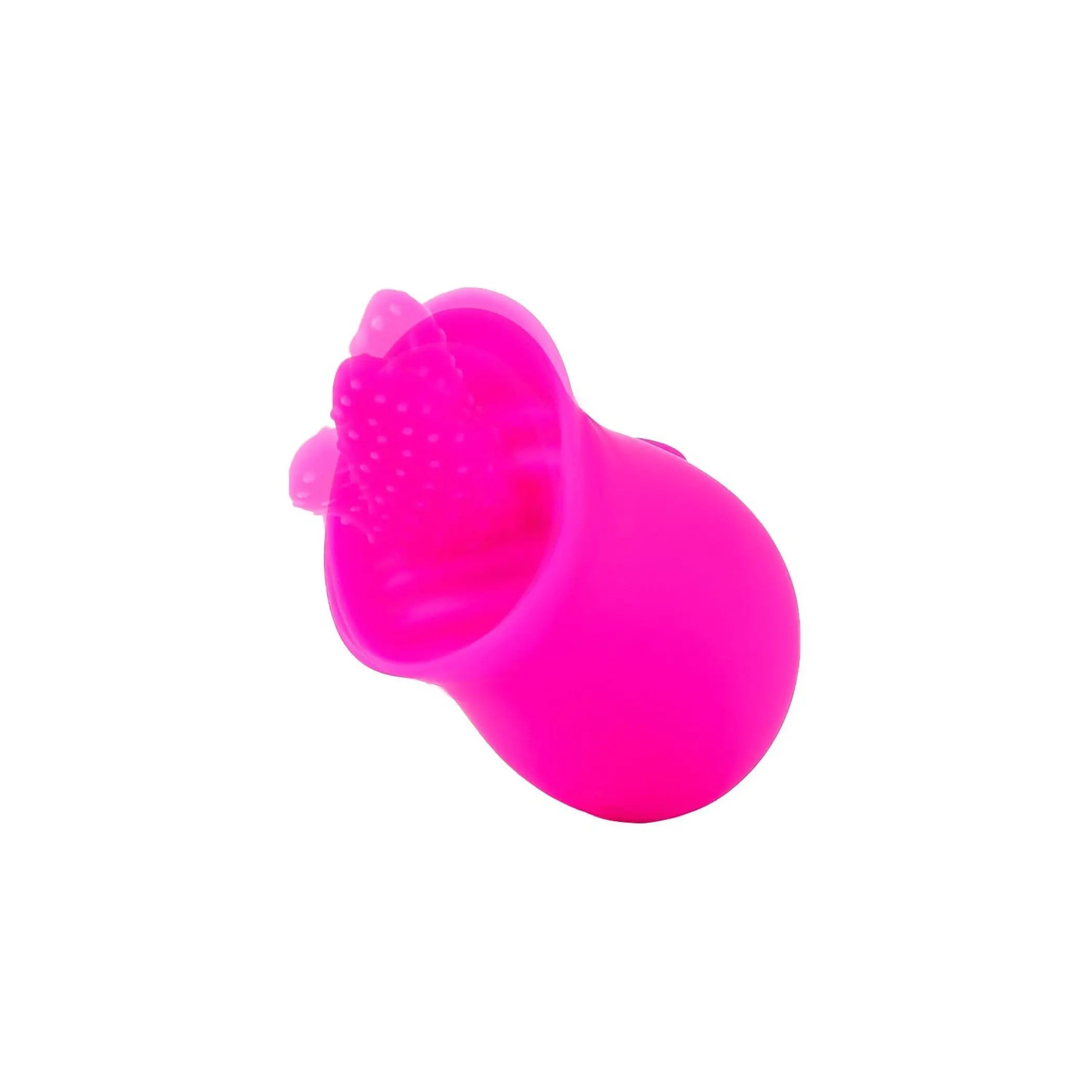 Bright pink silicone baby teether with textured surface for soothing gums and promoting sensory development.