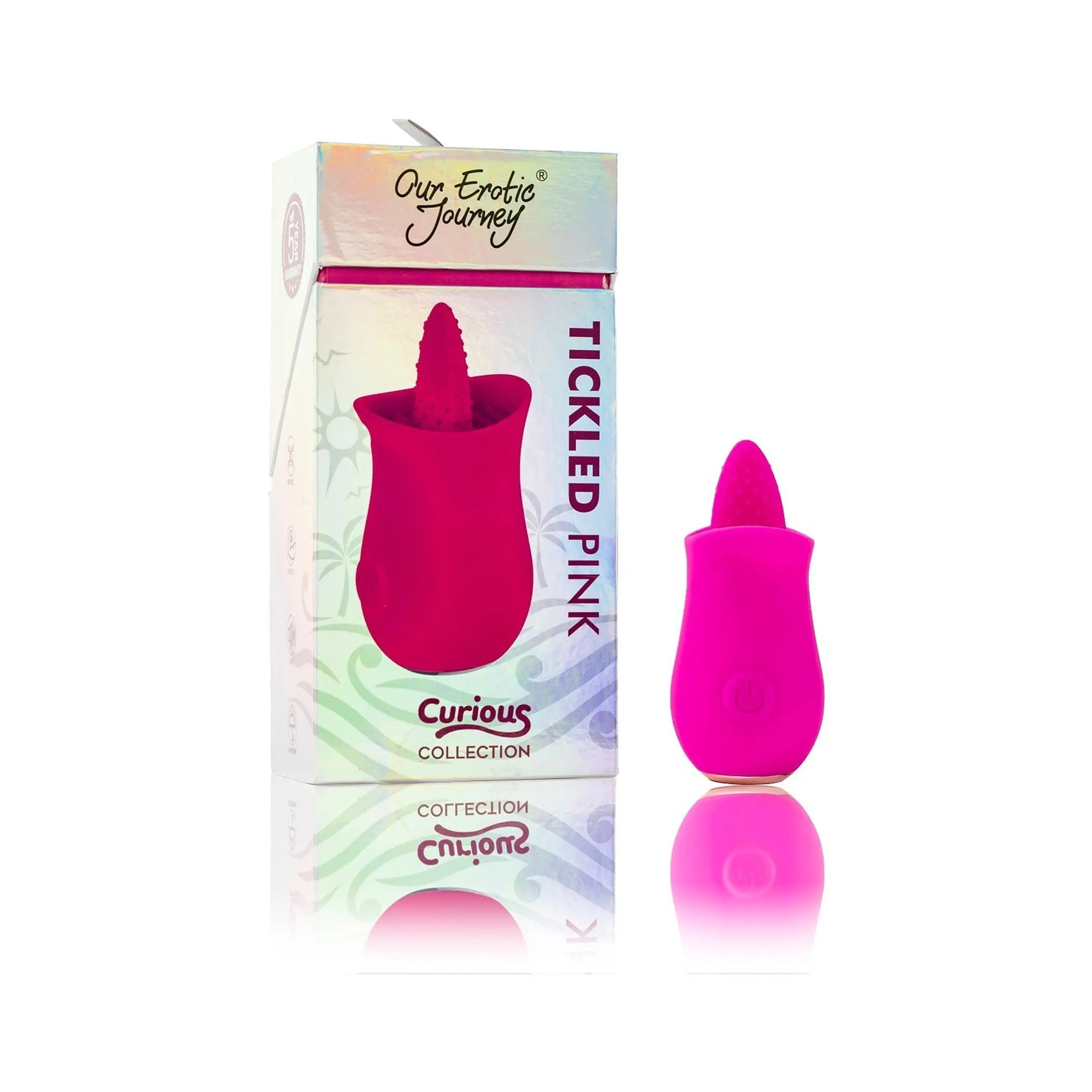 "Tickled Pink vibrator from Our Erotic Journey, featuring a vibrant pink silicone design in a stylish box."