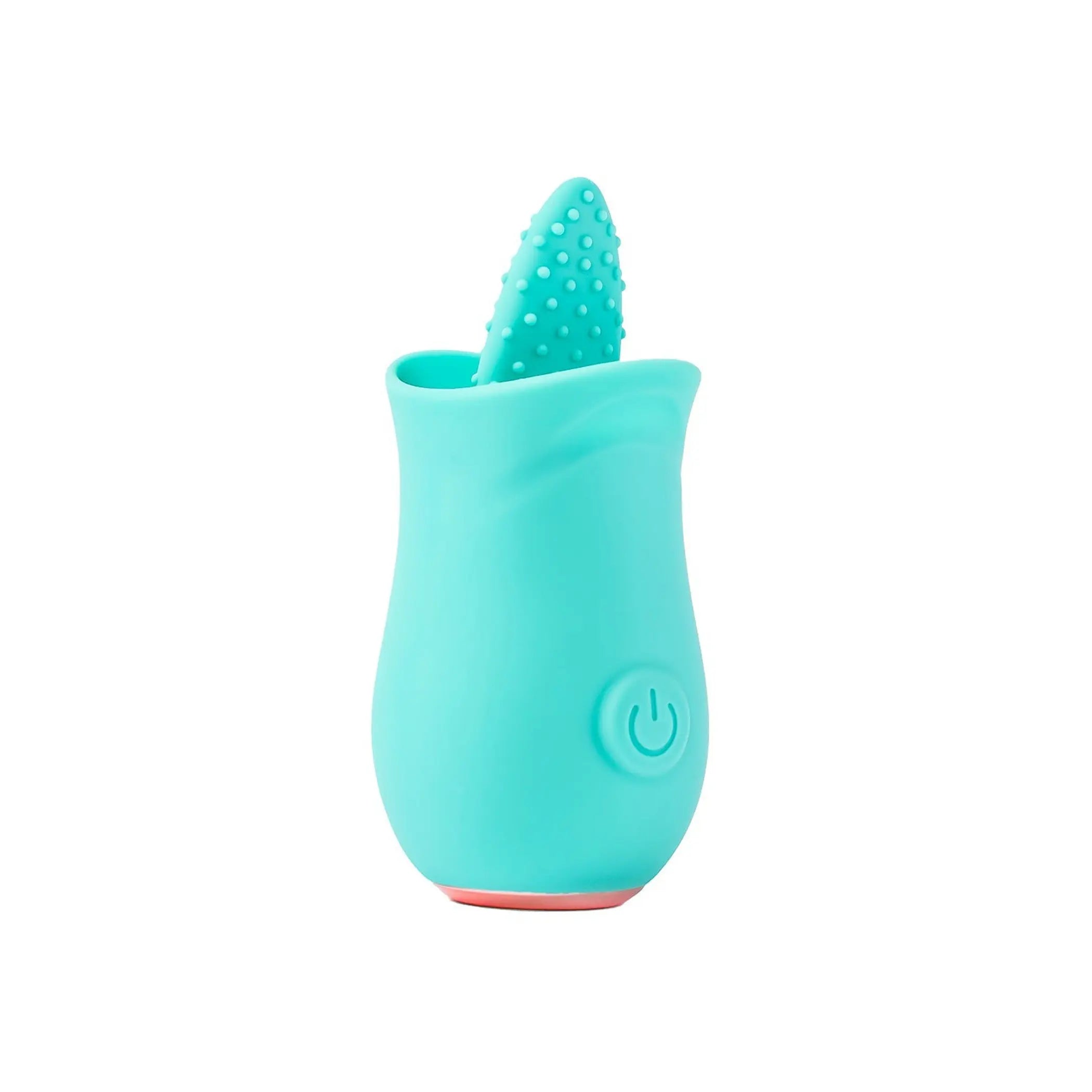 Turquoise silicone massager with textured tip and easy-to-use power button, stylish and compact design for pleasure.