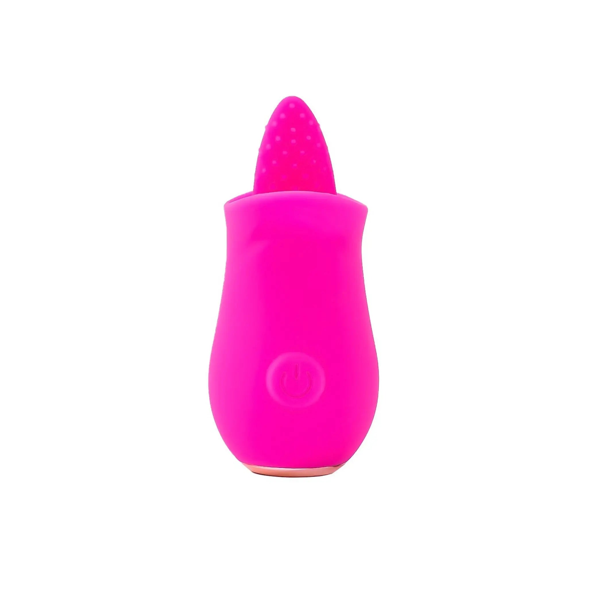 Bright pink silicone vaginal massager with textured tip and easy-to-use power button for pleasure enhancement.