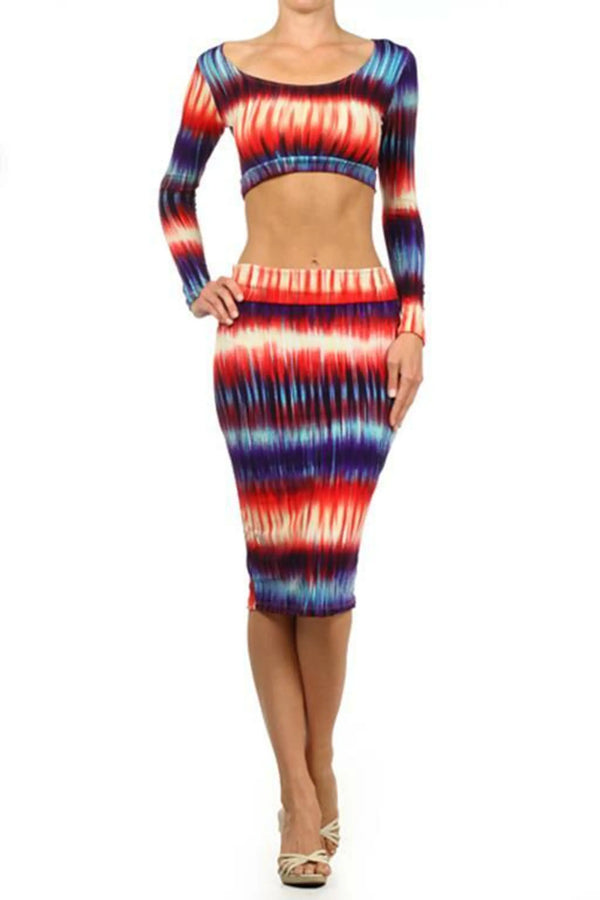 Tie Dye Print 2 Piece Set With a Cropped Fitted Top and a Matching High Waist Skirt Multi SurelyMine