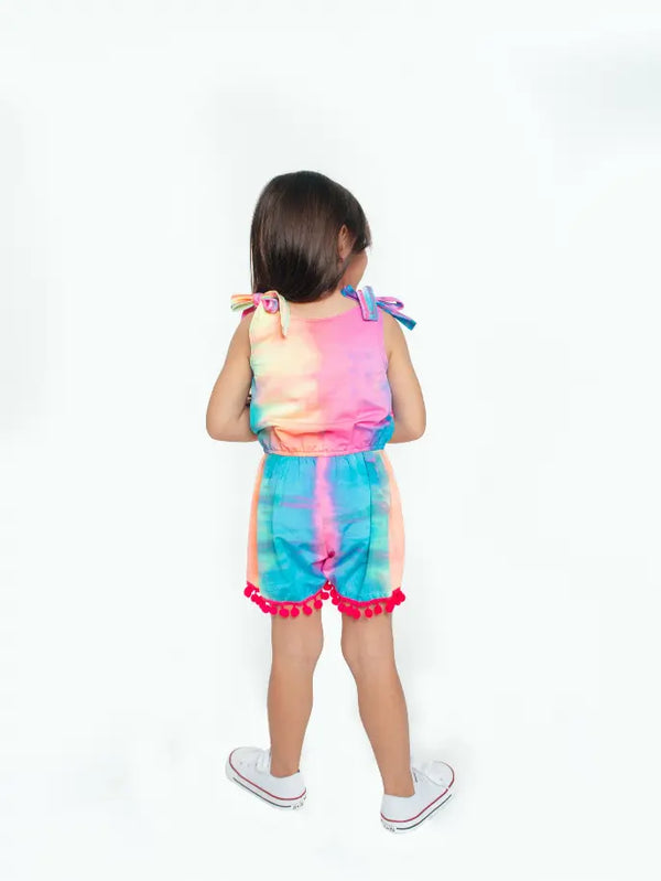 Tie Dye Tank Romper With Pom Pom Trim Little Mass