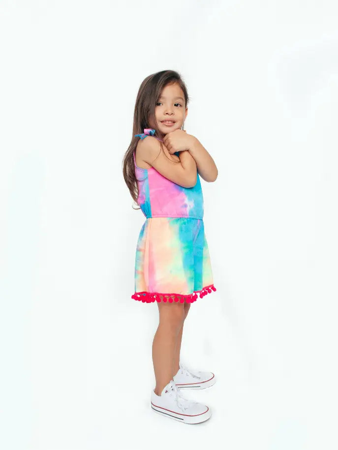Tie Dye Tank Romper With Pom Pom Trim Little Mass