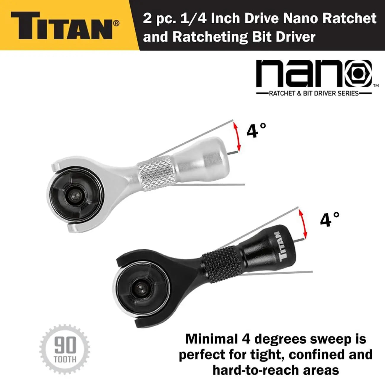 Titan 1/4" Drive 90-tooth Swivel And Ratcheting Bit Driver Nano Ratchets (2-piece) TITAN