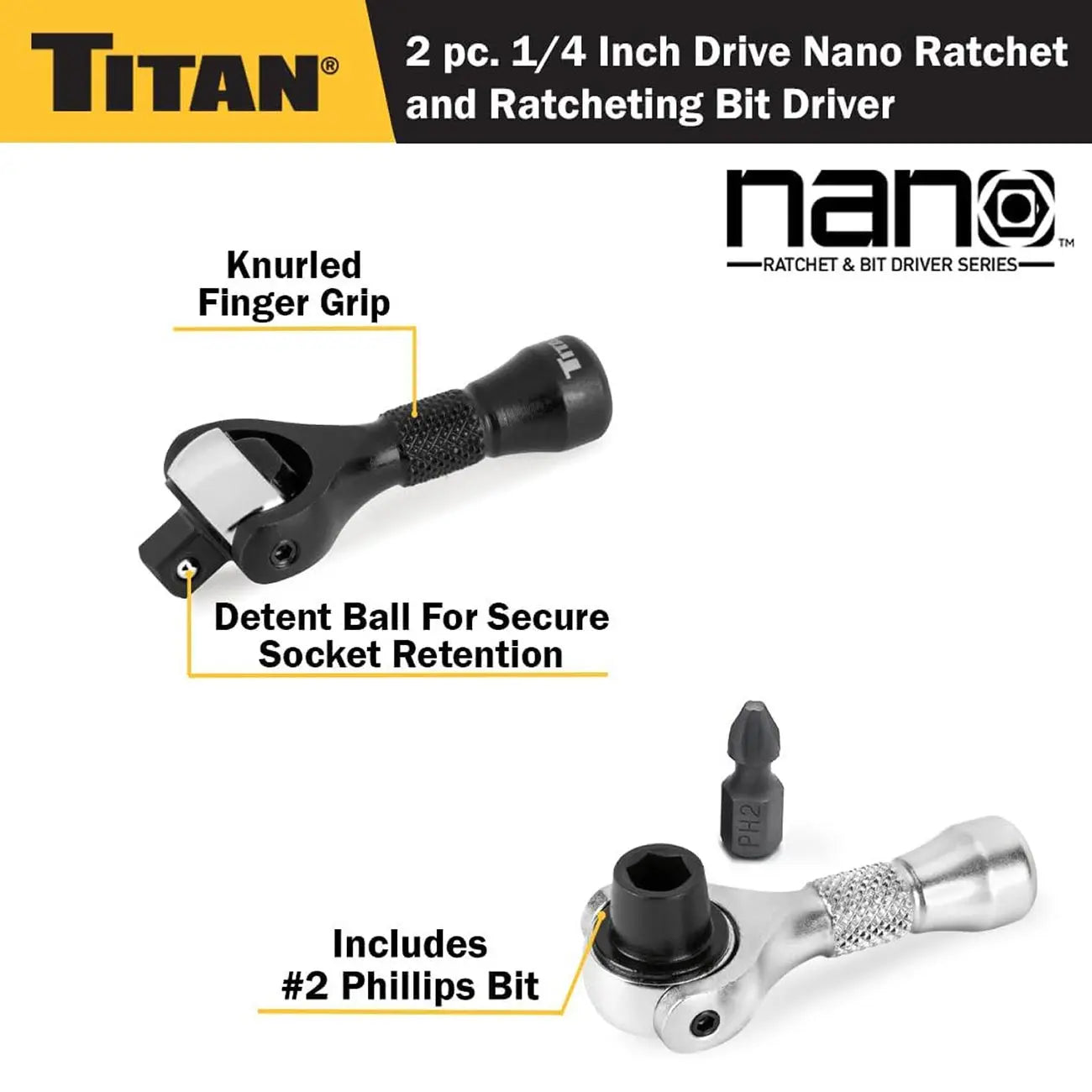 Titan 1/4" Drive 90-tooth Swivel And Ratcheting Bit Driver Nano Ratchets (2-piece) TITAN