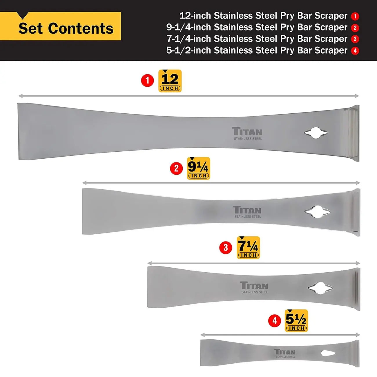 Titan Stainless Steel Pry Bar Scraper Set (4 Piece Set) TITAN