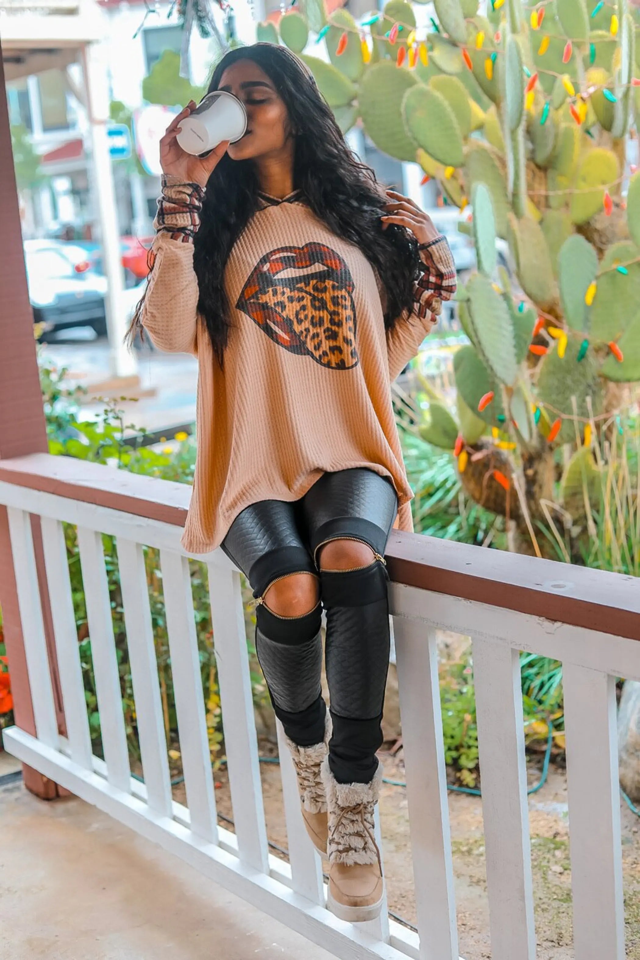 Tongue Out Rolling Stones Leopard Plaid Contrast Hoodie Cream SurelyMine